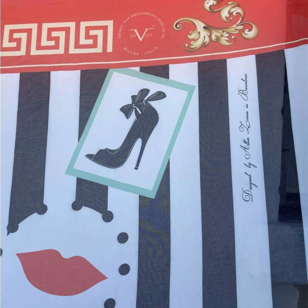 Vintage 1969 Versace Black and White Striped Scarf with Red and Gold Details
